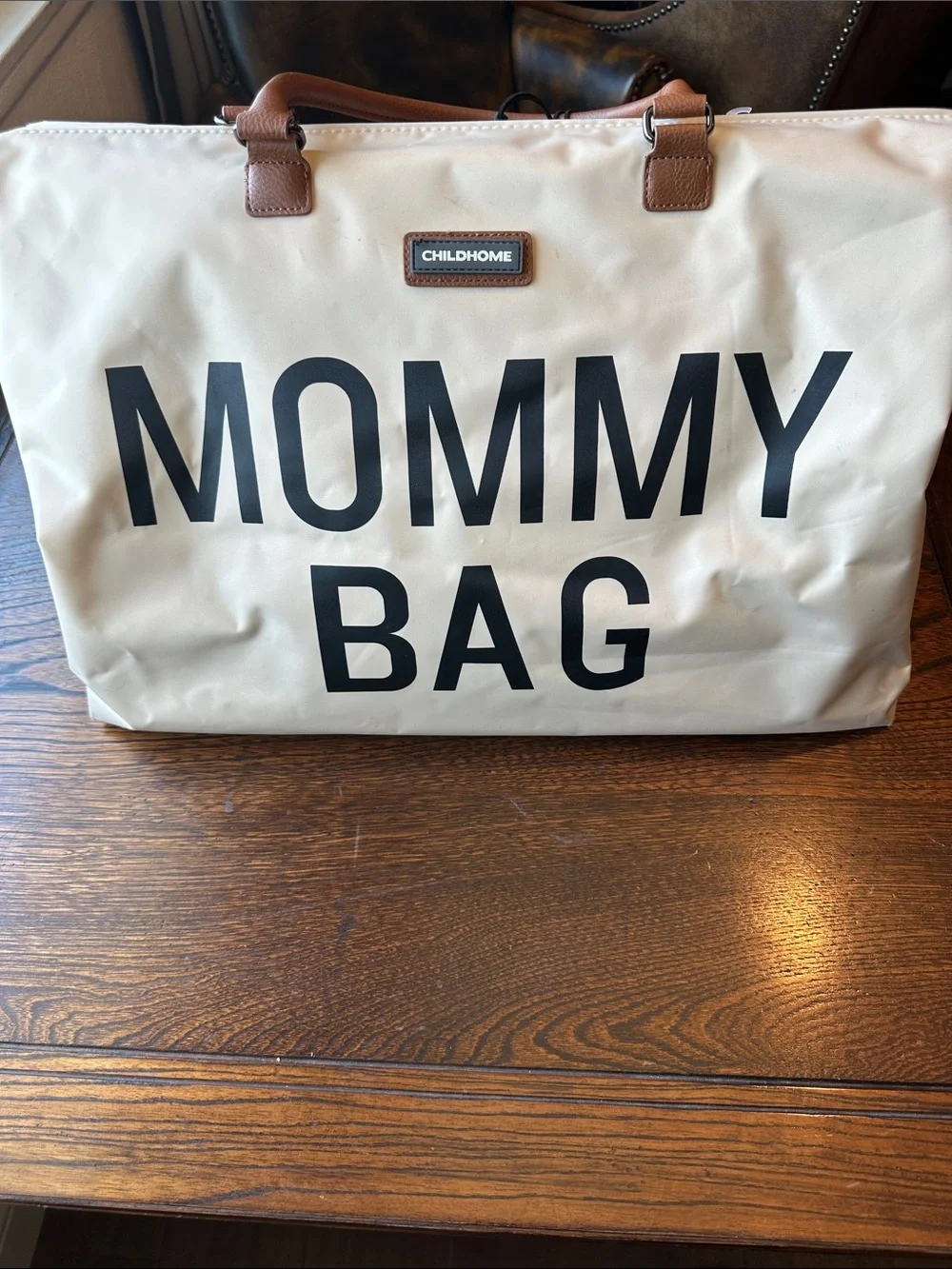 Cream Mommy Bag Tote with Brown Handles